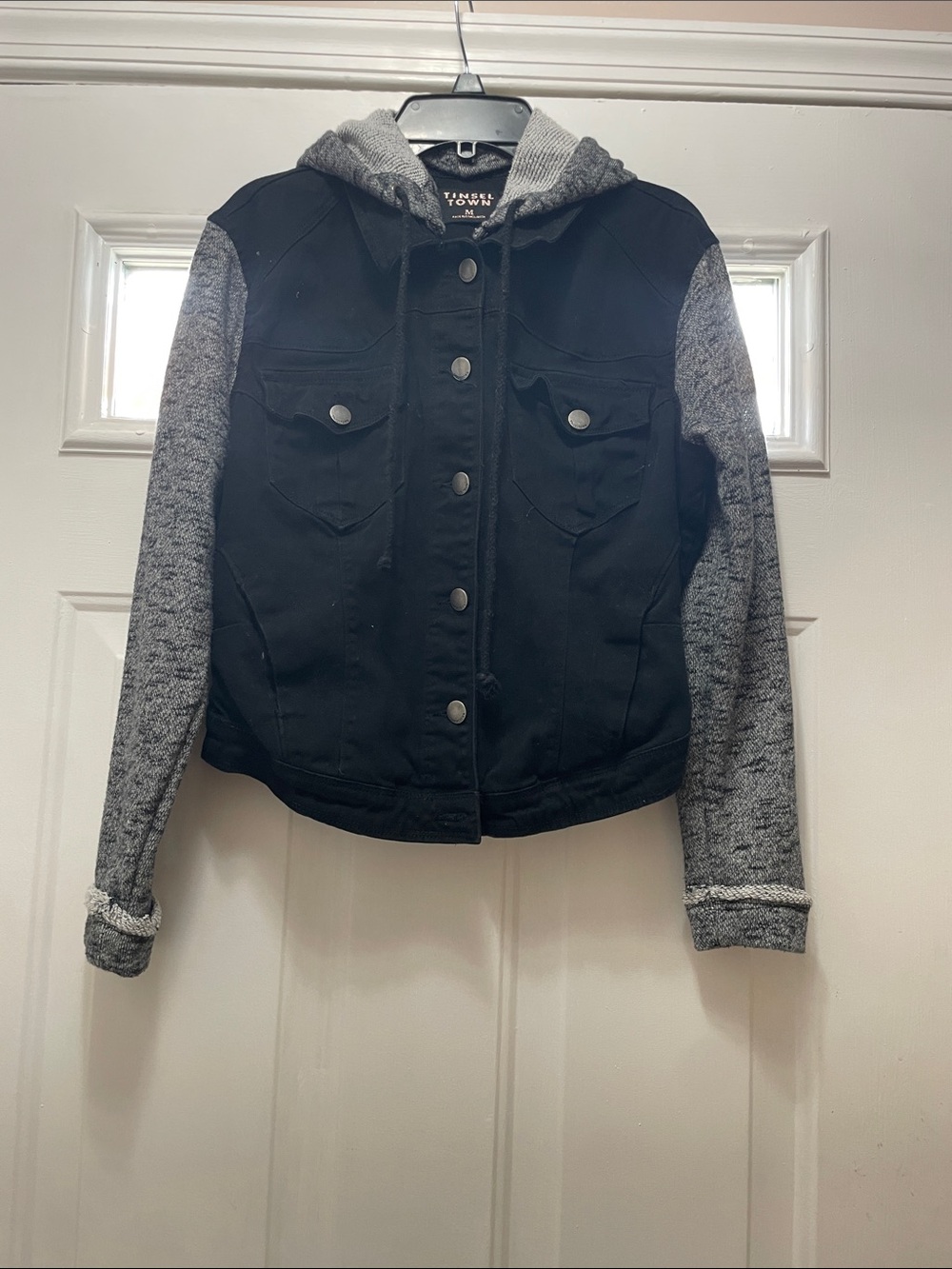 Tinseltown Black Body with Gray Hooded Knit Sleeves Jean Jacket